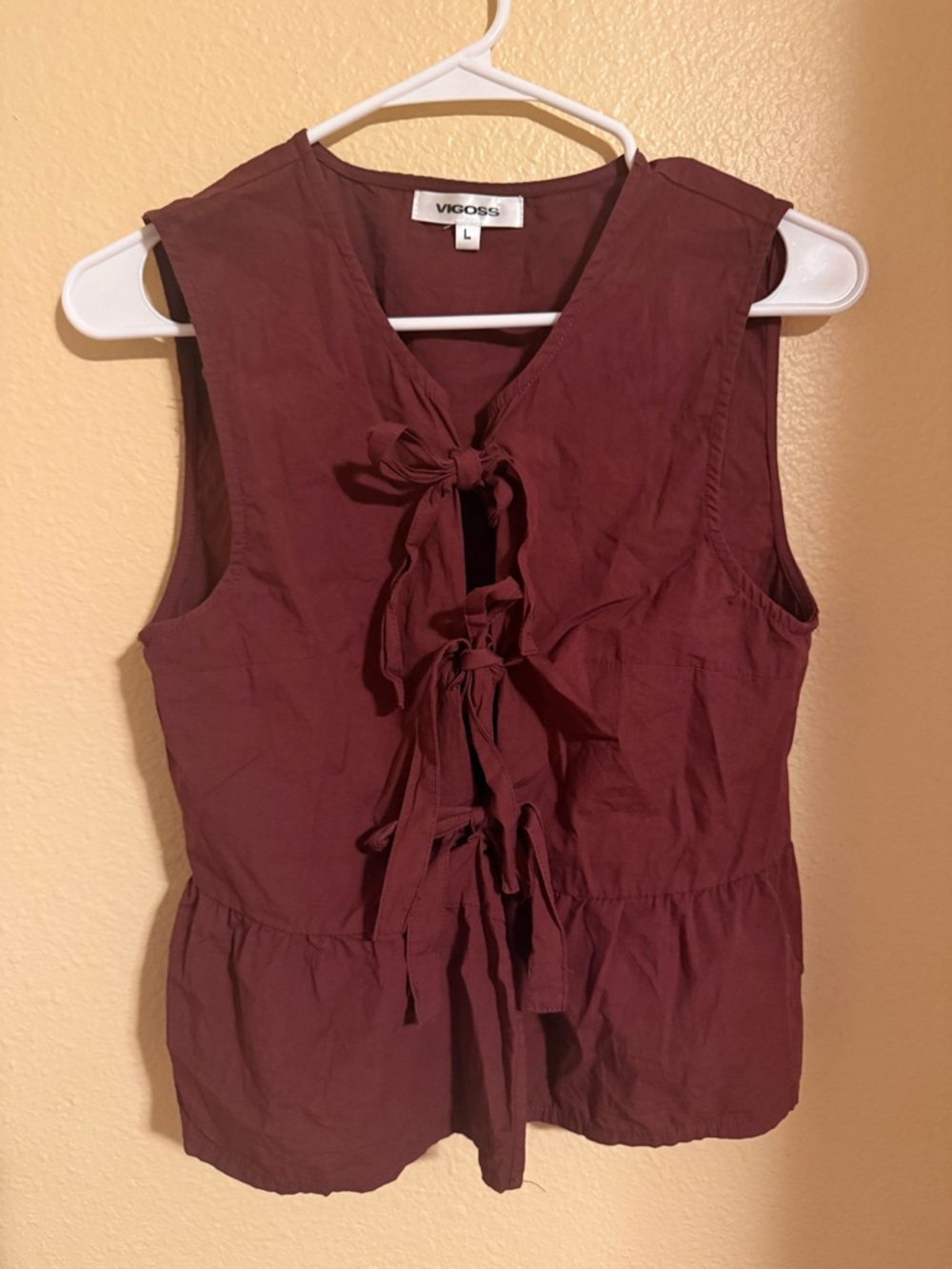 Vigoss Women's Maroon Tie-Front Peplum Sleeveless Top